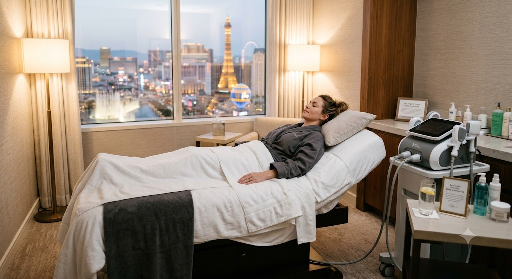 Client relaxing on a treatment bed before a body contouring session in Las Vegas