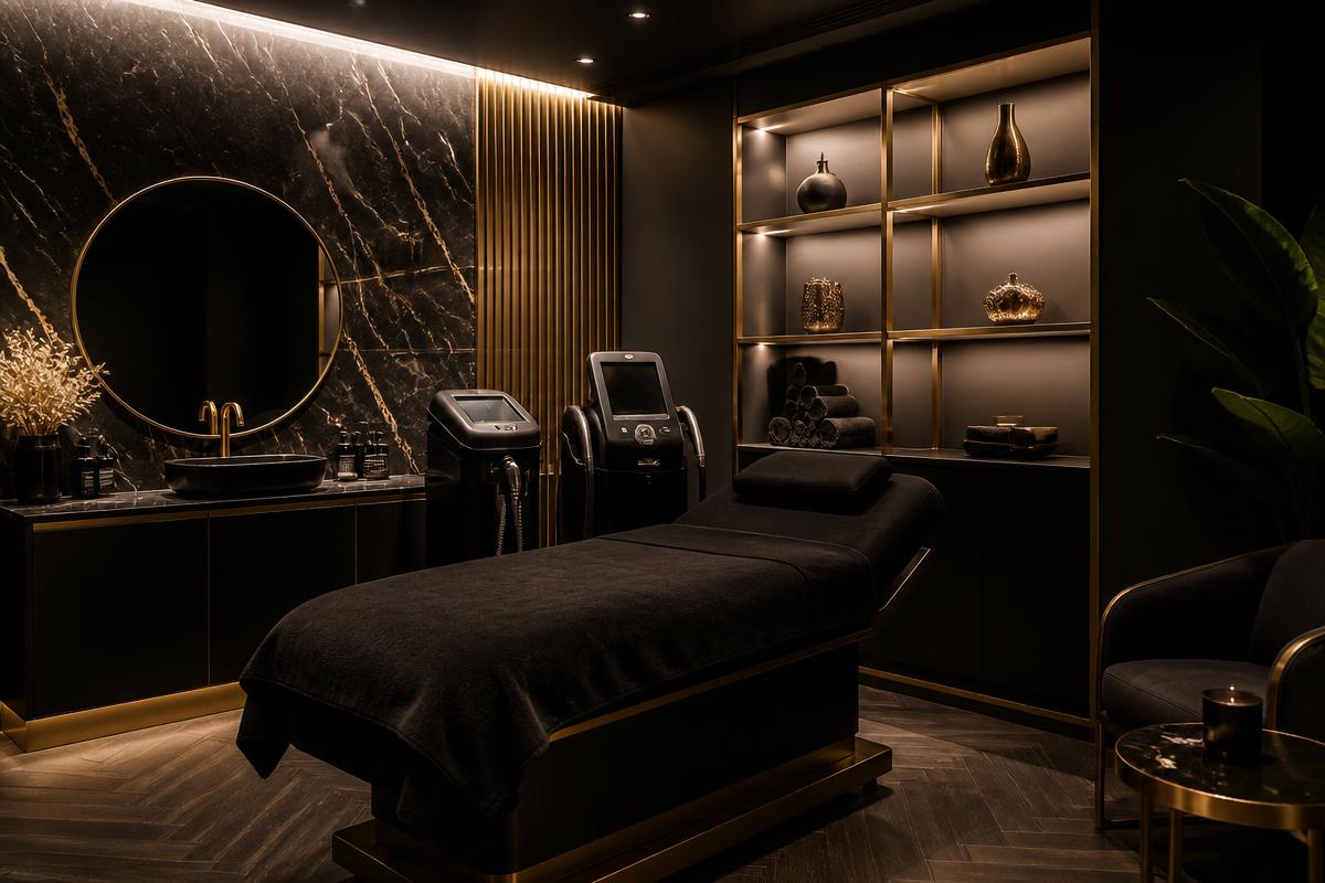 Dark luxury body sculpting studio in Las Vegas with a black treatment bed, contouring devices and gold accents