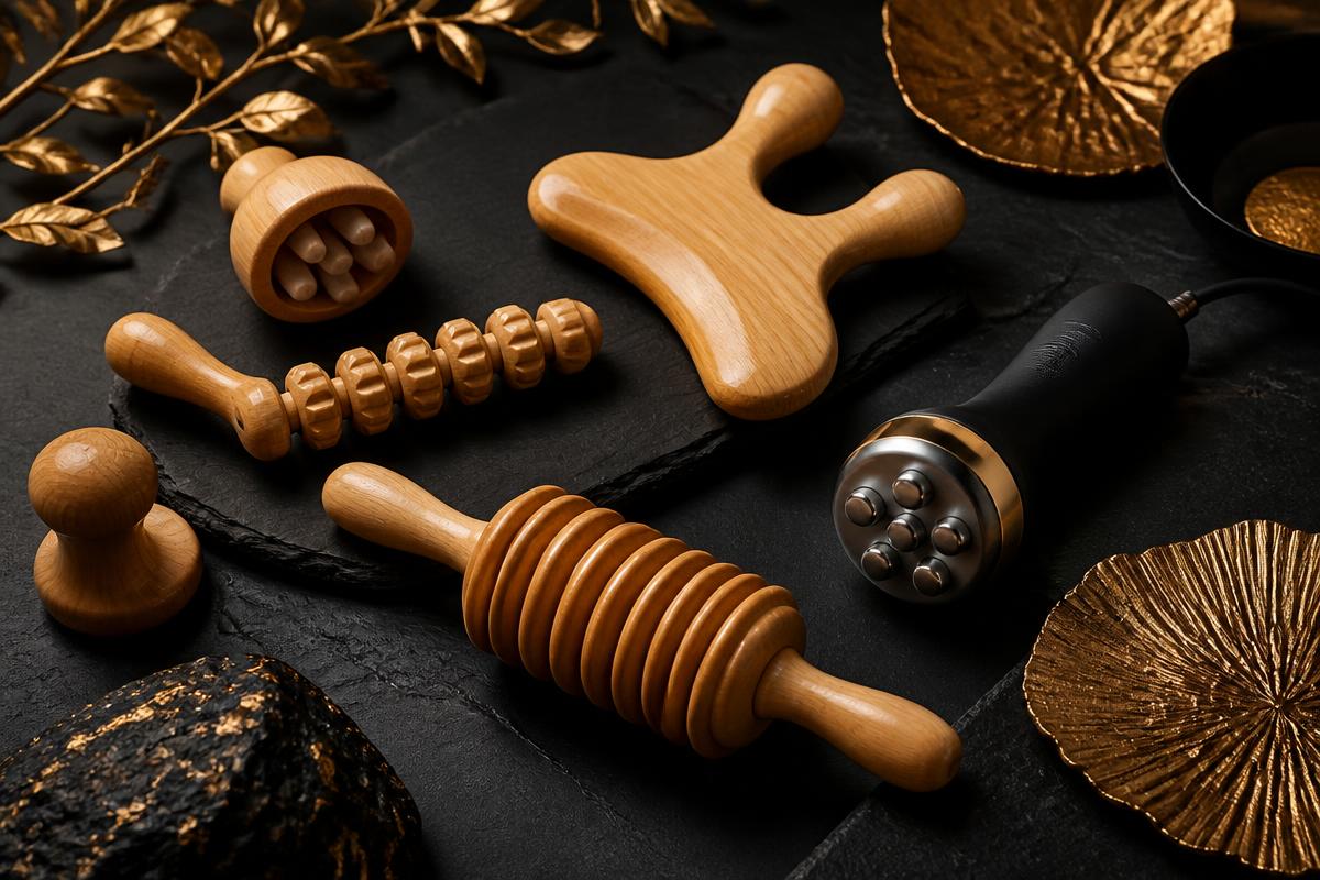 Wood therapy maderoterapia tools and a radiofrequency skin tightening handpiece arranged on black stone with gold accents