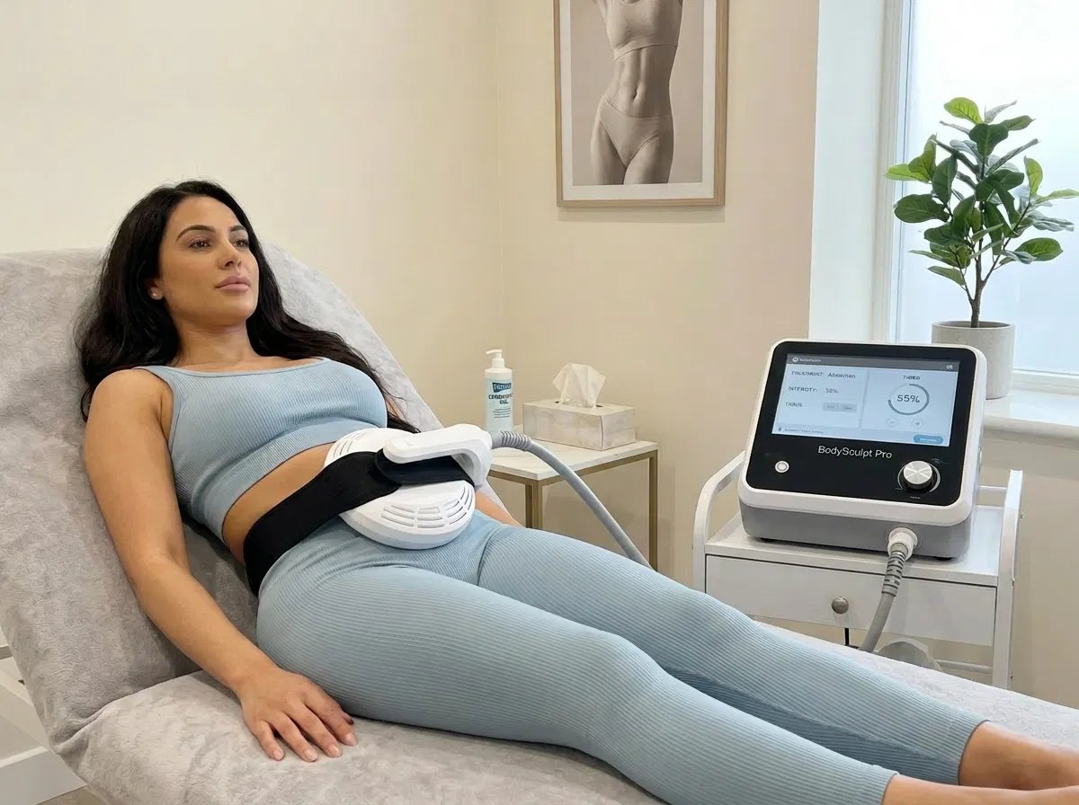 Client receiving non-invasive body contouring treatment on the abdomen