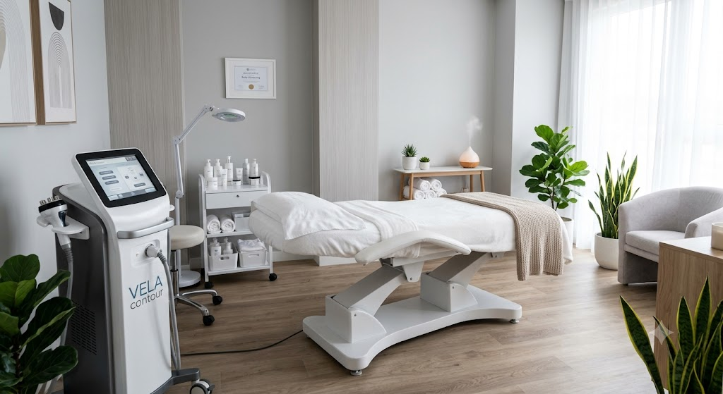 Practitioner performing a non-invasive contouring treatment on a client's abdomen
