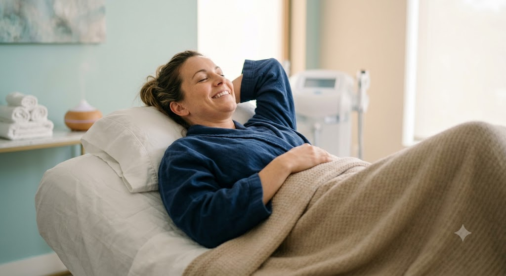 Smiling woman relaxing on a treatment table after a body contouring session