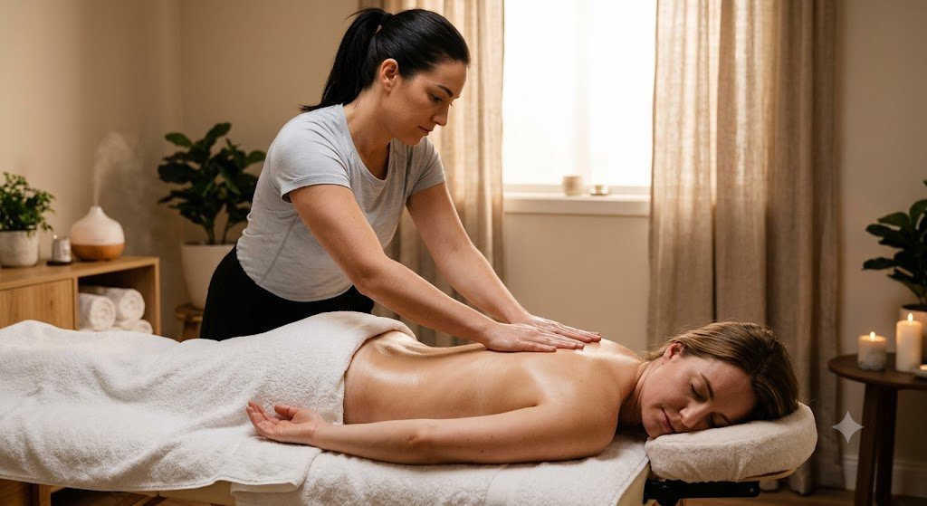 Licensed massage therapist performing a deep tissue massage on a client's back in Las Vegas