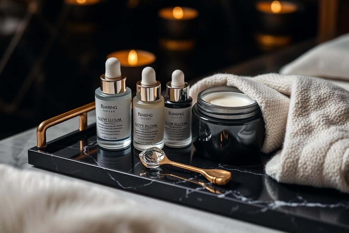 Professional-grade serums and diamond exfoliation tools arranged on a black marble tray for a Diamond Glow facial