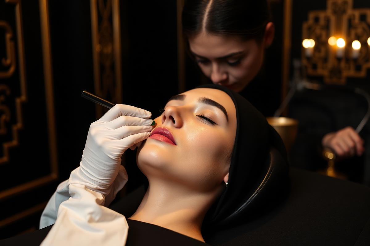 Esthetician performing a Korean Gua Sha sculpting facial along a client's jawline in a Las Vegas studio
