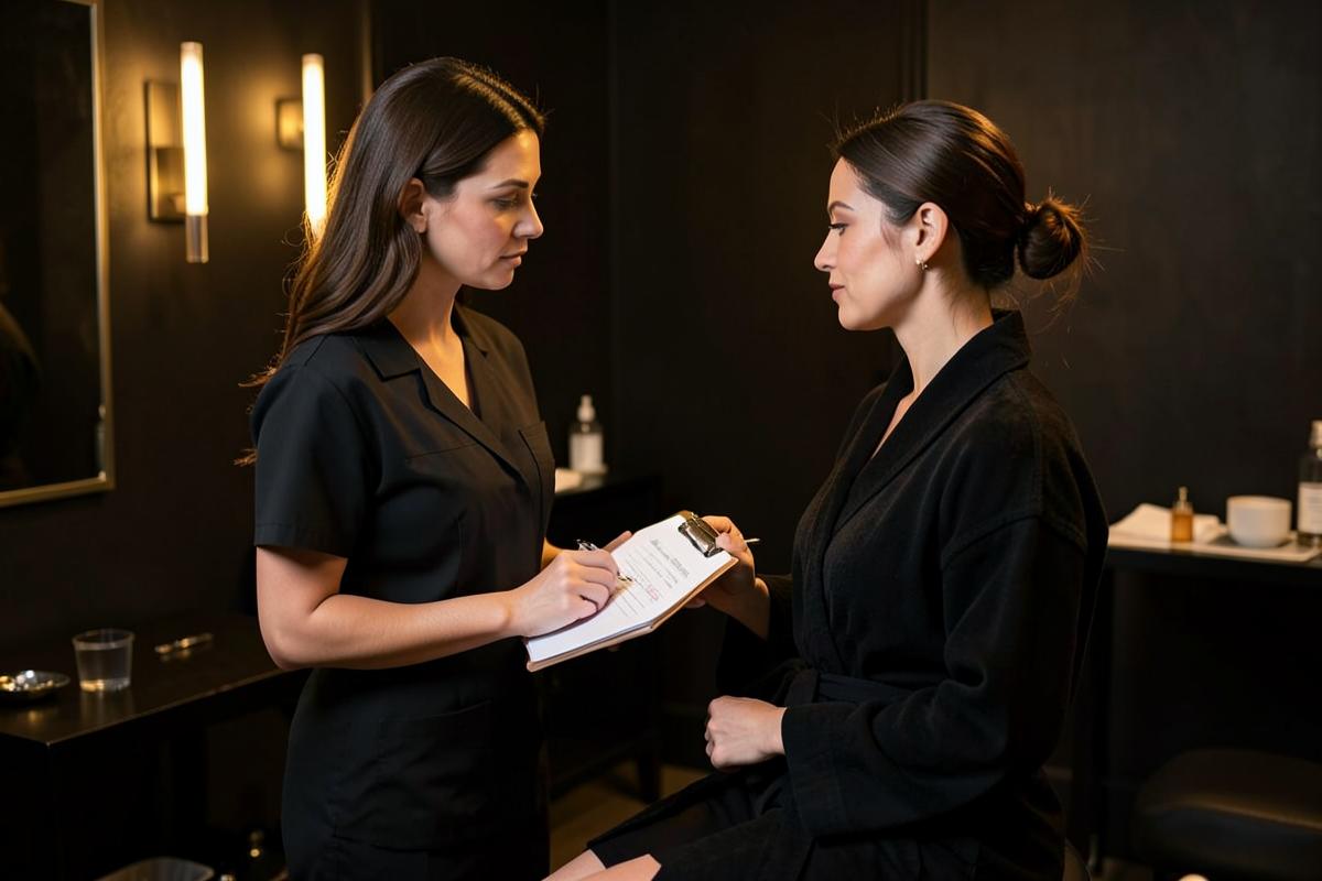 Esthetician reviewing a personalized body sculpting treatment plan with a client during a Las Vegas studio consultation