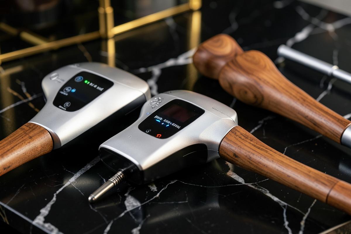 Ultrasonic cavitation and radiofrequency handpieces beside wood therapy tools used in a Las Vegas body sculpting session