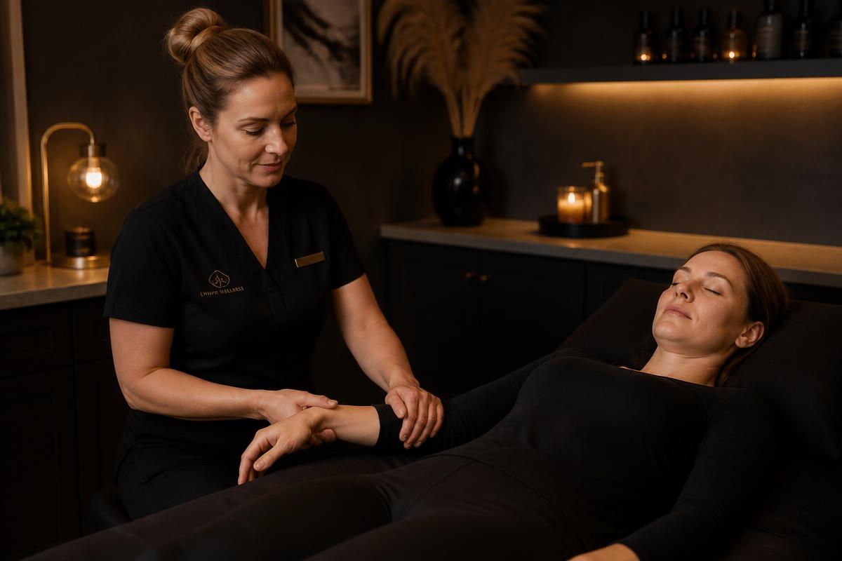 Therapist performing a gentle lymphatic drainage massage on a fully clothed client