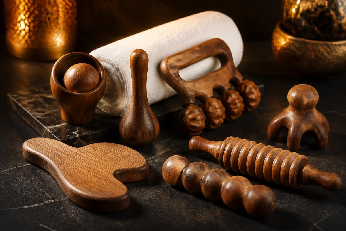 Sculpted wooden wood therapy contouring tools arranged beside a rolled towel