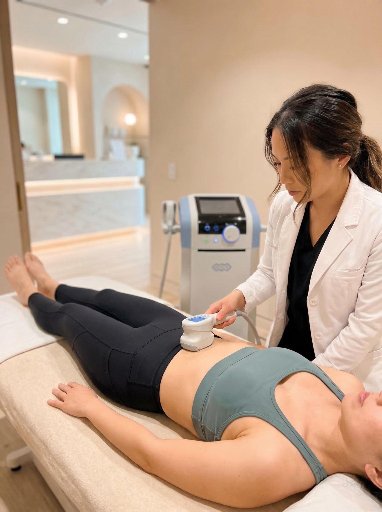 Non-surgical body sculpting treatment on the abdomen at a professional aesthetic clinic.