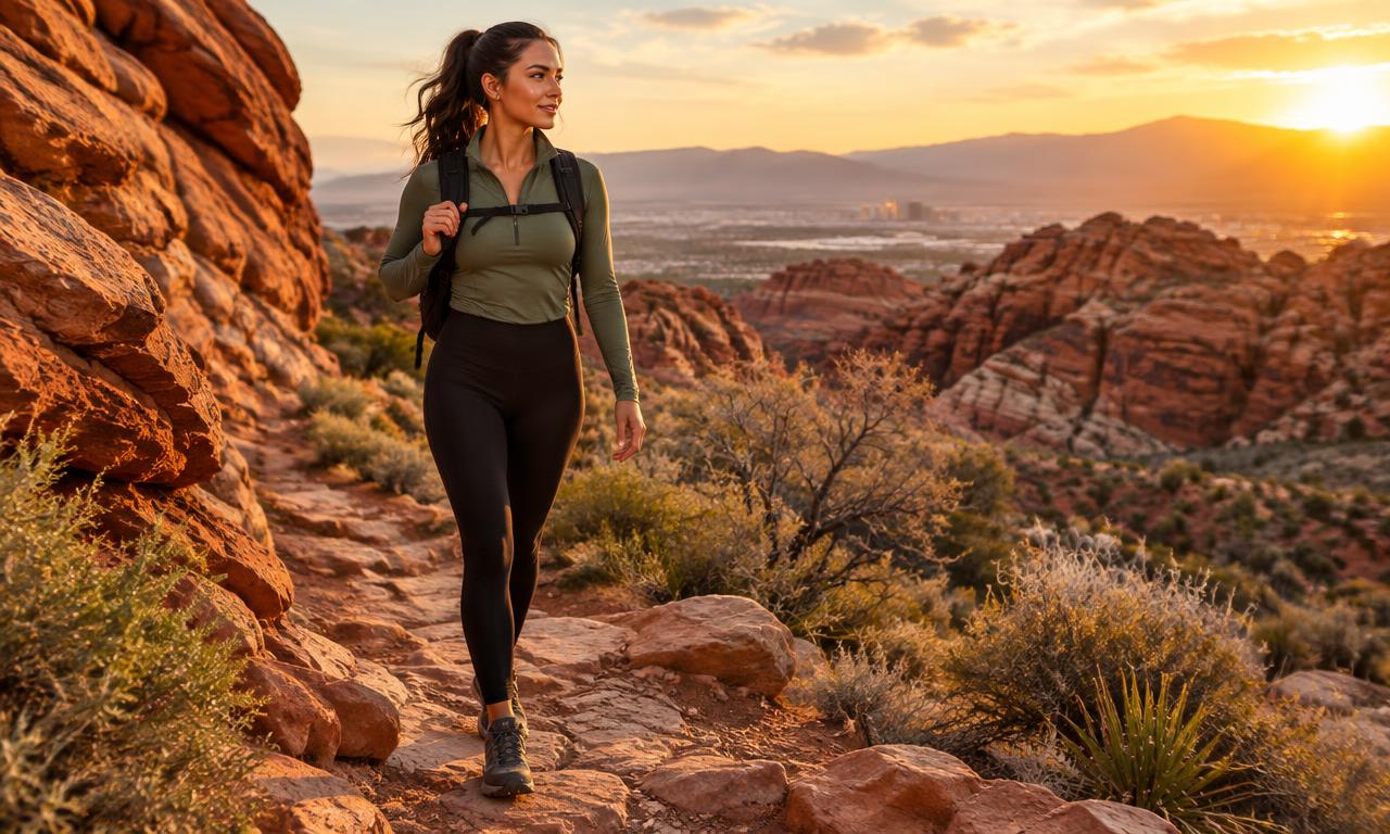 Fully clothed woman hiking a red rock trail near Summerlin, Las Vegas at golden hour