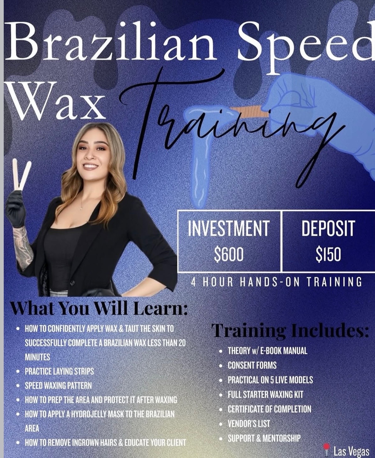 Brazilian Speed Wax Training flyer — 4 hour hands-on training in Las Vegas